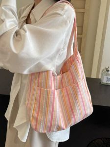 Japanese and Korean Dopamine Striped Canvas Bag Vest Bag Large Capacity Underarm Bag Summer Fairy Student Class Satchel