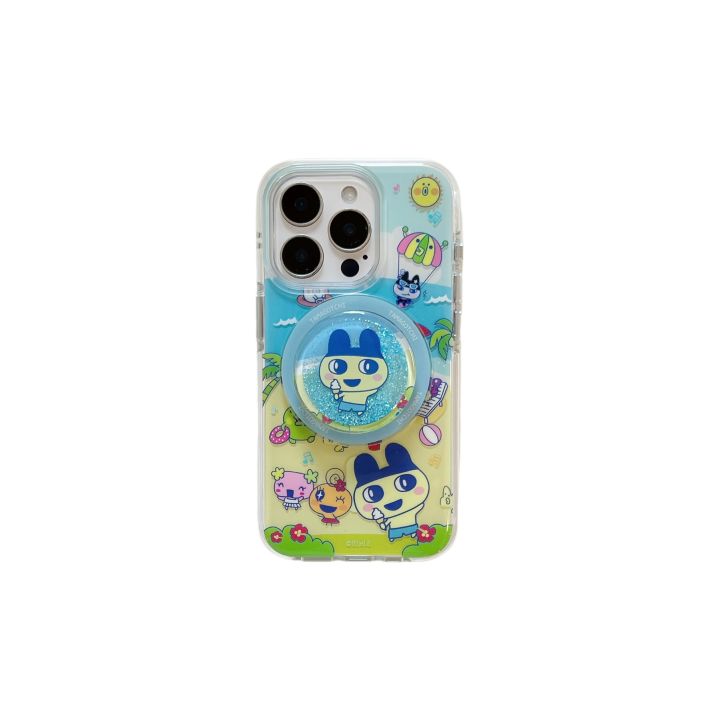 Cute Cartoon Beach-themed Tamagotchi Round-edge Stand Phone Case for iPhone 12 Pro Max, Soft Dual-sided IMD Phone Protector for iPhone13,14,15,16 Pro Max,Japanese and Korean Anime