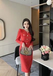 ZY·HT 2024 New Womens Dress Commuter Round Neck Single Breasted Slim Wrap Hip Midi Office Dress 10167 eravogue