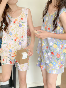 ผ้าฝ้ายผ้าไหมผู้หญิงชุดนอนฤดูร้อนชุดสองชิ้นแขนกุดพิมพ์กระโปรงสั้นและเสื้อกล้ามสําหรับหญิงสาวสบายๆเสื้อผ้า