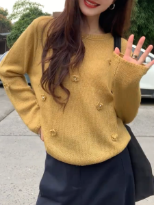 QINGNAER | Floral Embroidered Loose Fit Sweater