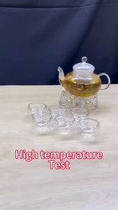 【Woody】 Flower tea pot set Glass Teapot heat preservation + Free 6 Tea Cups + Base