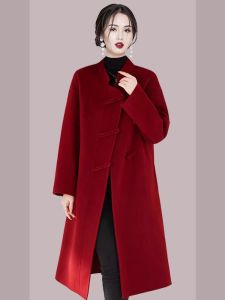 HARSIDE Red Chinese Style Woolen Coat Womens Stand Collar Buttoned Cashmere Free Fabric Outerwear Autumn New Arrival