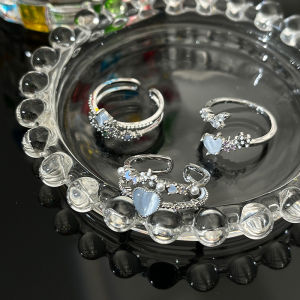 Nicedays🍒Set Cincin Terbuka Zirkon Cahaya Bulan Hati Biru Laut Cincin Jari Telunjuk Ceruk Mewah Ringan Wanita