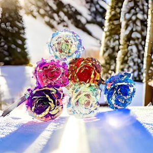 7Pcs Galaxy 24K Artificial Rose Decoration Crystal Rose Artificial Flower Plastic Rose Bouquet Suitable for Christmas Valentines Day Thanksgiving Teachers Day