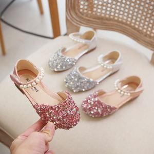 Princess Dress Shoes for Girls Crystal Performance Soft Bottom Single Shoes Childrens Leather Shoes Silver Color Baby Shoes