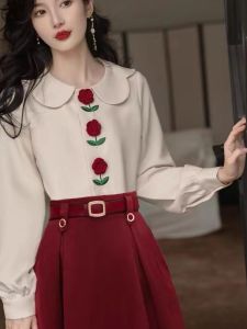 Fall and Winter Fancy Temperament Hong Kong Style Retro Anti-Aging Peter Pan Collar Blouse Western Style Red Skirt Two-piece Set Womens Clothing