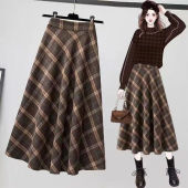 Spring and Autumn Lattice Skirt Womens Retro New Arrival Plus Size Mid Length Long Length A- Line Skirt Large Swing Skirt High Waist Slimming Dress Fashion
