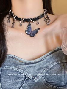 Y2K Heavyweight Gradient Butterfly Necklace Womens Luxury Punk Style Fashion Jewelry Alloy Skeleton Butterfly Pendant Choker