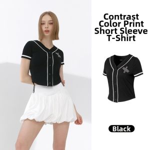 Imported Women Color Block Buttoned Short Sleeve Tennis Shirt