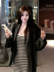 YUEZHONGWEI | Spring Stylish OOTD Grey Sweater Jacket Striped Dress Two-Piece Set