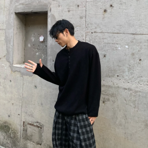 Loose Fit Long Sleeve T-Shirt Mens Solid Color Henry Collar Top Casual Versatile Comfortable Polyester Fiber Autumn Trend