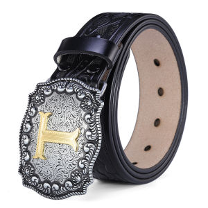 A-Z Letters Buckle Western Belt for Men High Quality Cowboy PU Leather Waist Male Belts Floral Engraved Jeans Street Punk 3.8cm