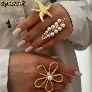 *New Sale 1 Set Exaggerated Lmitation Of Pearl Leaves Metal Ring Set Women Summer Ocean Style Starfish Ring Light Luxury Jewelry