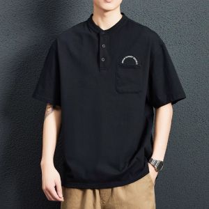 Vancl Mens Short Sleeve T-Shirt Loose Fit Summer Henry Collar Simple Versatile Cotton Top Youth Fashion Basic Style Pure Color