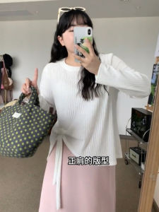 พลัสไซส์ ผู้หญิง เสื้อยืดแขนยาว ผ่าชาย และสายสะพาย Early ฤดูใบไม้ร่วง พรางหุ่น เสื้อฐาน อินเทรนด์ คอกลม ความยาวปกติ