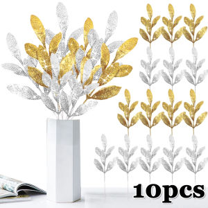 10/5pcs Christmas Artificial Leaves Branch Flash Gold Powder Simulated Plant Olive Christmas Tree Garland Decoration