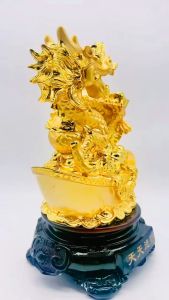 Medium Size 2024 Chinese Zodiac Fortune Dragon Golden Resin Collectible Figurines Table Decor Statue