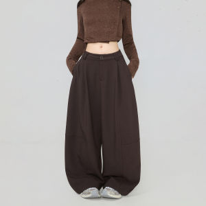 KEIKO | Vintage Brown Flannel Curved Legs Wide Leg Loose Fitting Melanoid Style High Waist Pants