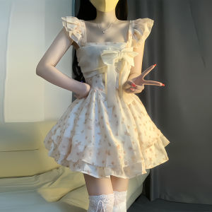 Váy Công Chúa Ngọt Ngào Mùa Hè 2025 Mới Có Nơ Bướm Váy Dây Thon Gọn Cho Nữ Váy Midi Không Tay Cổ Chữ Một