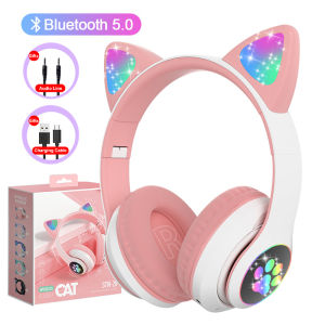 VAORLO Flash Lamp Cute Cat Ears Wireless Headphones With Mic Hifi Bass Stereo Music Noise Cancelling E-Sports Gaming LED RGB Bluetooth Headset Support TF Card AUX Wired Play For Girl Kids Birthday Gift