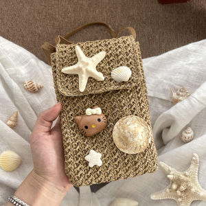 Rattan Woven Crossbody Bag Womens Summer Beach Walking Special Mini Handbag Cute Mobile Phone Bag Square Shape Casual Cartoon