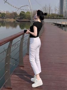 White Straight Leg Jeans Womens Summer Thin High Waist Slimming Nine Tube Breadstick Pants Casual Style High Waist Cotton Stretch Denim