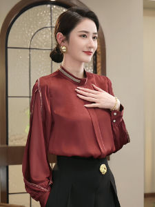 Red Stand Collar Long Sleeve Shirt Womens Luxury Design Sensation Elegant Top High End Atmosphere Premium Quality Casual Shirt