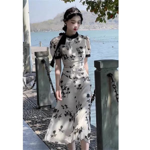 Fashionable Summer New Arrival Womens Dress Elegant French Design Improved Cheongsam Watercolor Print High Waist A-Line Skirt