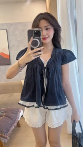Áo form babydoll nữ retro chất Thô gió hàn cổ V nhún phối kẻ mix viền Ren dễ thương