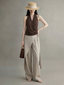 GULILI | Classic Style V-Neck Halter Crossed Shirt Wide Leg Pants Summer Set