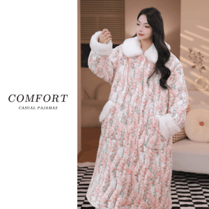 Womens Winter Thickened Coral Fleece Sleep Robe Cotton Sandwich Home Leisure Wear Comfortable Home Clothes Set Long Sleeve