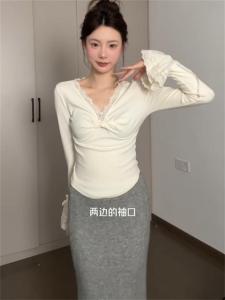Pure Desire White V-Neck Knot Lace Splice Womens T-Shirt Slimming Base Shirt Spring Autumn Korean Style Long Sleeve Top