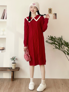 Red Knitted Sweater Dress Doll Collar Year of the Monkey Celebration Spring Autumn Winter Long Sleeve Midi Dress Womens Fashion