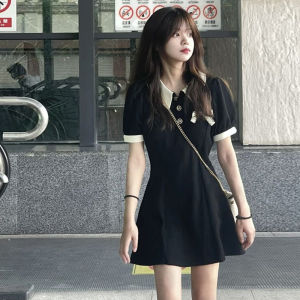 Hebe Style French Black Polo Collar Dress Women Summer New Arrival Waist Cinched Short Skirt Cotton Long Sleeve Solid Color