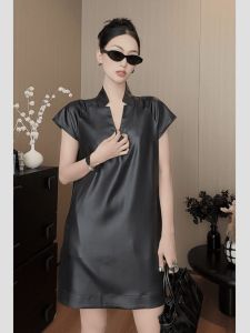 Summer Hong Kong Style Elegant Lady Design Slimming Loose Midi Skirt Womens French Atmosphere A-Line Dress Polyester Fabric