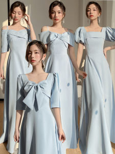 ชุดสาวต้อนรับวันเกิดสุดหรูหราสีน้ำเงิน ชุดราตรีผ้าซาตินสุดหรูสำหรับฤดูร้อน ชุดยาวคลุมเข่าสไตล์เกาหลี ชุดราตรียาวคลุมเข่า