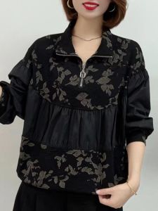 เสื้อเชิ้ตผู้หญิงไซส์ใหญ่แขนยาวลายดอกไม้สไตล์เกาหลีแฟชั่นฤดูใบไม้ร่วง 2025 เสื้อสเวตเตอร์มีซิปสำหรับคุณแม่