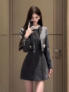 Chic Korean Style Two-Piece Set Coat And Dress Autumn Fashion Ensemble Comfortable Cotton Material Short Sleeve round Neck
