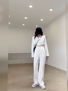 ~Ship From KL~ Korean style suit pants high waist elastic waist straight leg pants women High-Waist casual Pants office