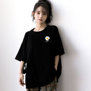 Summer 2025 Loose Womens T-shirt Daisy Print Black Short Sleeve BF Style Five Half Sleeve Student Cotton Polyester Casual Top