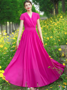 Retro V-neck Short-sleeved Pure Color Long Skirt Maxi Dress Pink Chiffon Beach Holiday Dress Womens Clothing Summer Dress
