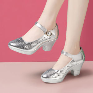 Silver Genuine Leather Dance Shoes Square Dancing Shoes Social Dance Sailor Dance Medium High Heels Spring Summer Thick Heel Sandals Womens Shoes