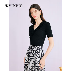 New Fashion Elegant Slimming Ruffled V-Neck Knit Top