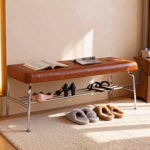 Elegant Home Entrance Shoe Bench Long Seat Cushion Storage Function Simple Assembly Required Metal Frame Leather Seat