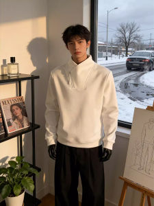 High-Quality Layering Cross Collar Zipper Long Sleeve T-Shirt White
