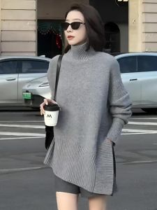 Gray Irregular High Collar Sweater Womens Lazy High-End Feeling Can Be Worn outside And inside Thickened Knitted Top