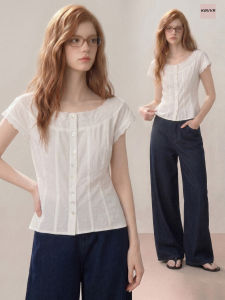 KBVVR | Lace Edged Short Sleeve Shirts Slim Waist Flared Sleeves Summer Tops