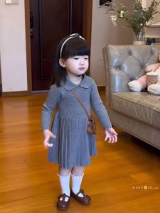 Korean Style School Uniform Long Sleeve Knitted Pleated Dress for Girls Autumn Collection Fashionable Slim Fit Turn-down Collar