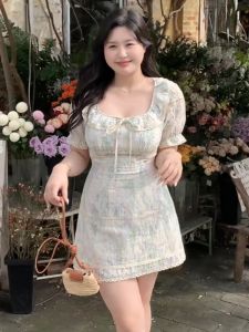 Summer French Style Tea Break Dress plus Size Sweet Square Collar Mini Skirt A-Line Silhouette Floral Print Short Sleeve Dress